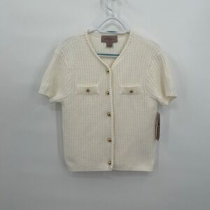 French Connection Womens Short Sleeve Waffle Knit Cardigan Cream Gold Button S